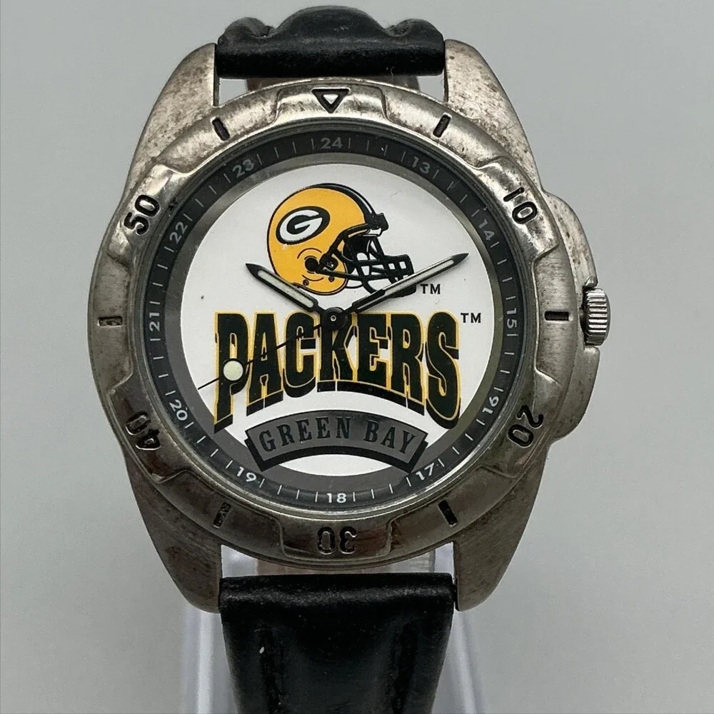 Vintage Fossil Mens Watch 39mm Green Bay Packers NFL Logo Leather New Battery